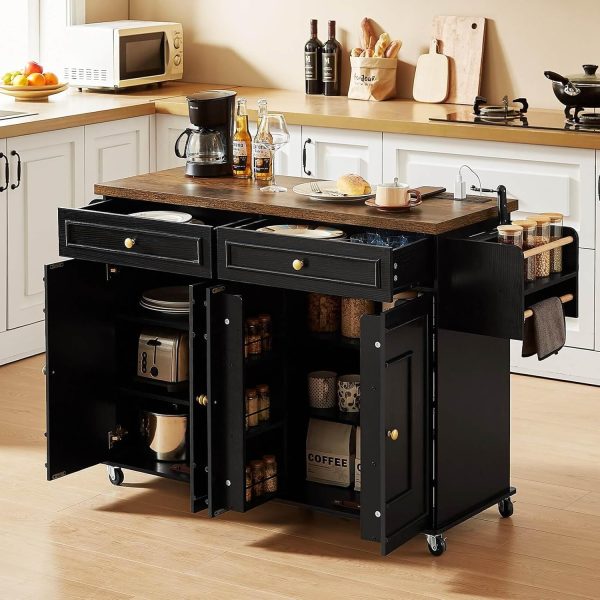 58" Mobile Kitchen Island, Kitchen Island Cart with Power Outlet, Island Table for Kitchen, Home Bar Carts with Storage, Kitchen Rolling Island with Spice Rack & Towel Rack & Knife Holder - Image 4