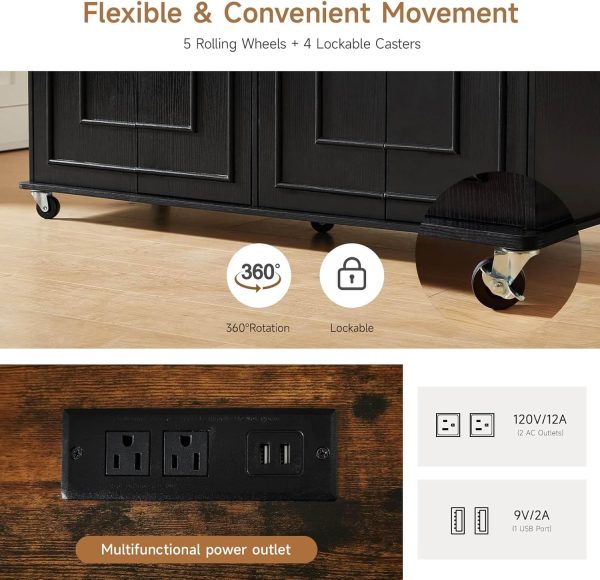 58" Mobile Kitchen Island, Kitchen Island Cart with Power Outlet, Island Table for Kitchen, Home Bar Carts with Storage, Kitchen Rolling Island with Spice Rack & Towel Rack & Knife Holder - Image 5