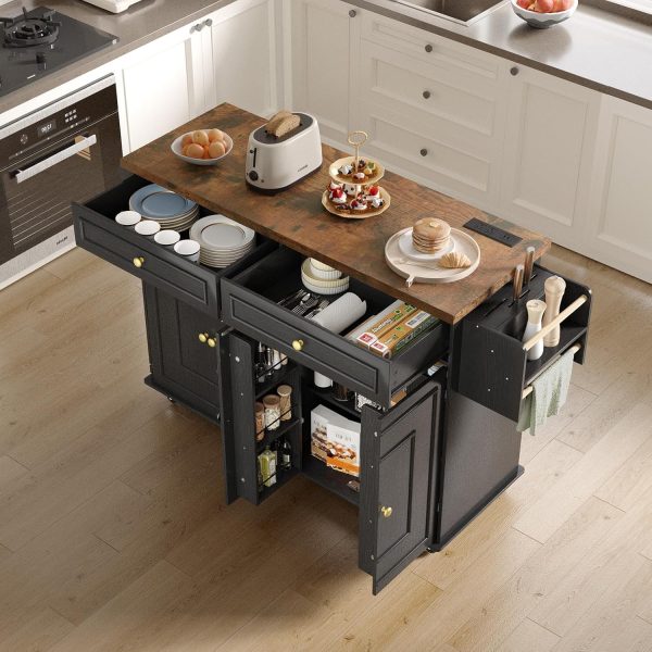 58" Mobile Kitchen Island, Kitchen Island Cart with Power Outlet, Island Table for Kitchen, Home Bar Carts with Storage, Kitchen Rolling Island with Spice Rack & Towel Rack & Knife Holder - Image 8