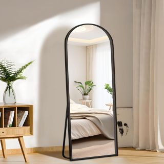 Arched Full Length Mirror with Stand, 57"x20" Full Body Mirror Standing Hanging or Leaning Wall, Arch Wall Mirror with Aluminum Alloy Thin Frame for Bedroom Living Room Black