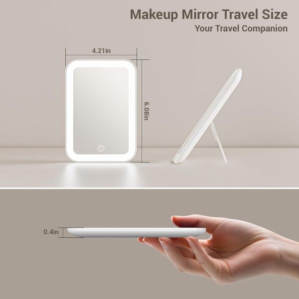 Kintion Travel Makeup Mirror, 6"*4.2" Rechargeable Portable LED Lighted Tabletop Vanity Mirror, 3 Colors Touch Dimmable Compact Mirror for Women Gift, White - Image 2