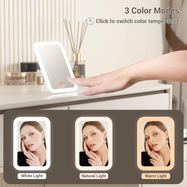 Kintion Travel Makeup Mirror, 6"*4.2" Rechargeable Portable LED Lighted Tabletop Vanity Mirror, 3 Colors Touch Dimmable Compact Mirror for Women Gift, White - Image 3