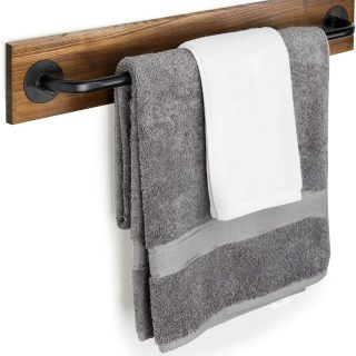 MyGift Wall Mounted Towel Rack, 28 Inch Bathroom Towel Bar with Metal Rod Rustic Burnt Wood Bathroom Sets, Farmhouse Towel Holder
