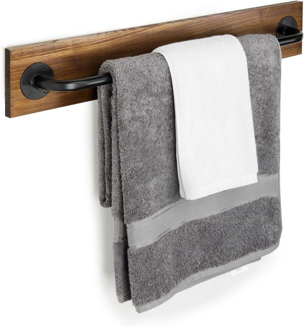 MyGift Wall Mounted Towel Rack, 28 Inch Bathroom Towel Bar with Metal Rod Rustic Burnt Wood Bathroom Sets, Farmhouse Towel Holder