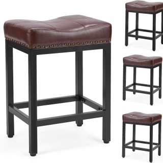 Sweetcrispy Counter Bar Stools Set of 4, 24 Inch Barstools for Kitchen Island, Upholated PU Leather Kitchen Chairs with Thick Saddle Seat & Metal Base and Footrest, Brown