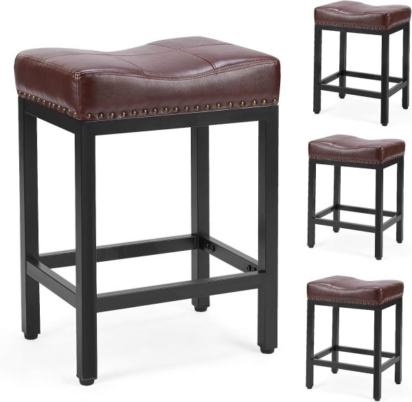 Sweetcrispy Counter Bar Stools Set of 4, 24 Inch Barstools for Kitchen Island, Upholated PU Leather Kitchen Chairs with Thick Saddle Seat & Metal Base and Footrest, Brown