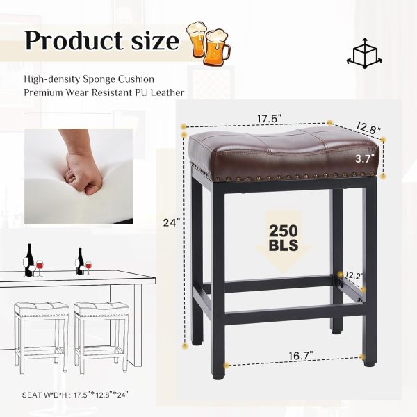 Sweetcrispy Counter Bar Stools Set of 4, 24 Inch Barstools for Kitchen Island, Upholated PU Leather Kitchen Chairs with Thick Saddle Seat & Metal Base and Footrest, Brown - Image 3