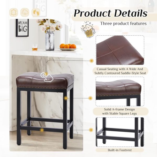 Sweetcrispy Counter Bar Stools Set of 4, 24 Inch Barstools for Kitchen Island, Upholated PU Leather Kitchen Chairs with Thick Saddle Seat & Metal Base and Footrest, Brown - Image 4