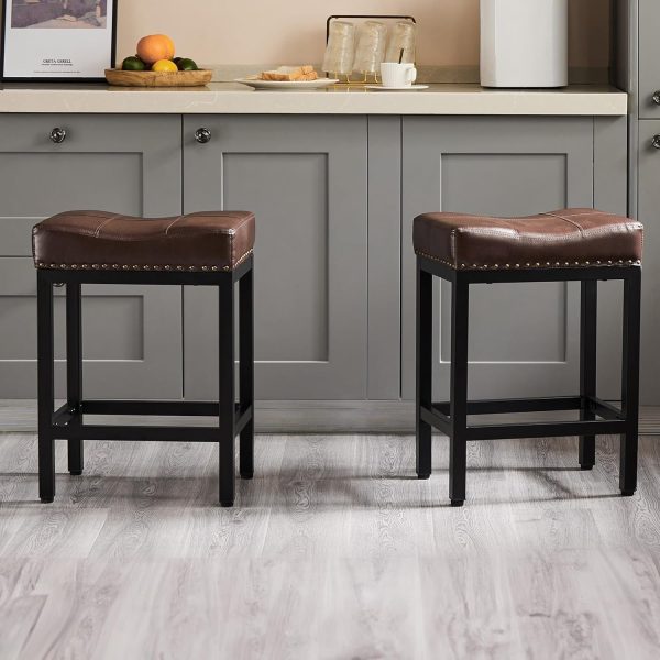 Sweetcrispy Counter Bar Stools Set of 4, 24 Inch Barstools for Kitchen Island, Upholated PU Leather Kitchen Chairs with Thick Saddle Seat & Metal Base and Footrest, Brown - Image 7