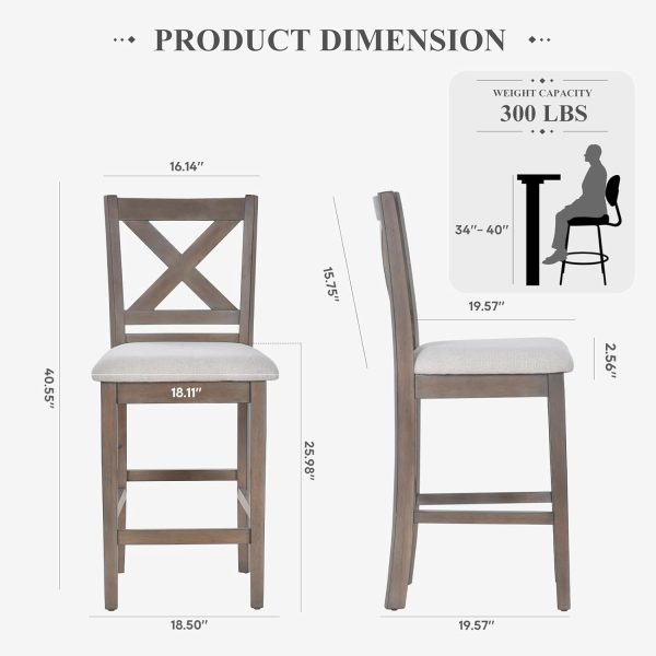Upholstered Counter Height Bar Stools Set of 4, Modern Kitchen Island Barstools Chairs with Cross Back and Wood Legs for Dining Room Bar, Light Brown Wash - Image 2