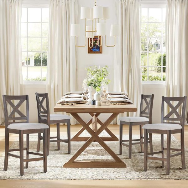 Upholstered Counter Height Bar Stools Set of 4, Modern Kitchen Island Barstools Chairs with Cross Back and Wood Legs for Dining Room Bar, Light Brown Wash - Image 3
