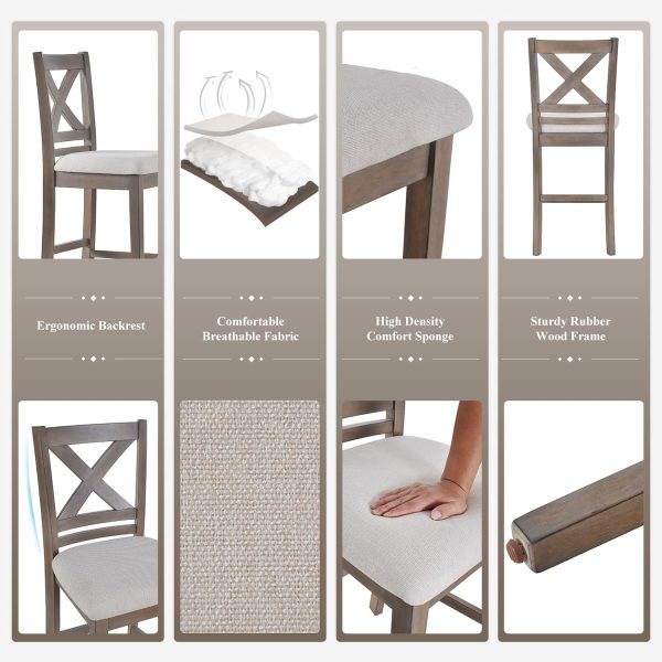 Upholstered Counter Height Bar Stools Set of 4, Modern Kitchen Island Barstools Chairs with Cross Back and Wood Legs for Dining Room Bar, Light Brown Wash - Image 5